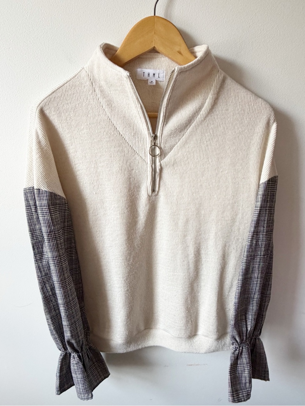 THML Cream Half-Zip Sweater with Plaid Gray Sleeve Ties